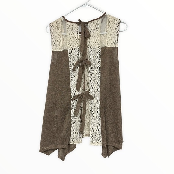 RYU Brown Knit & Cream Lace Back Tie Boho Shabby Chic Tunic Tank Top, Small - Picture 8 of 9